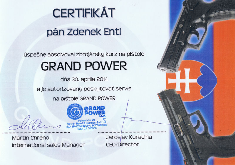 Certifikát Certifikát GRAND POWER